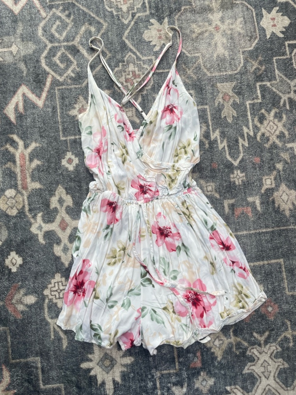 Hollister White Floral Sleeveless Mini Romper with Pink Blooms